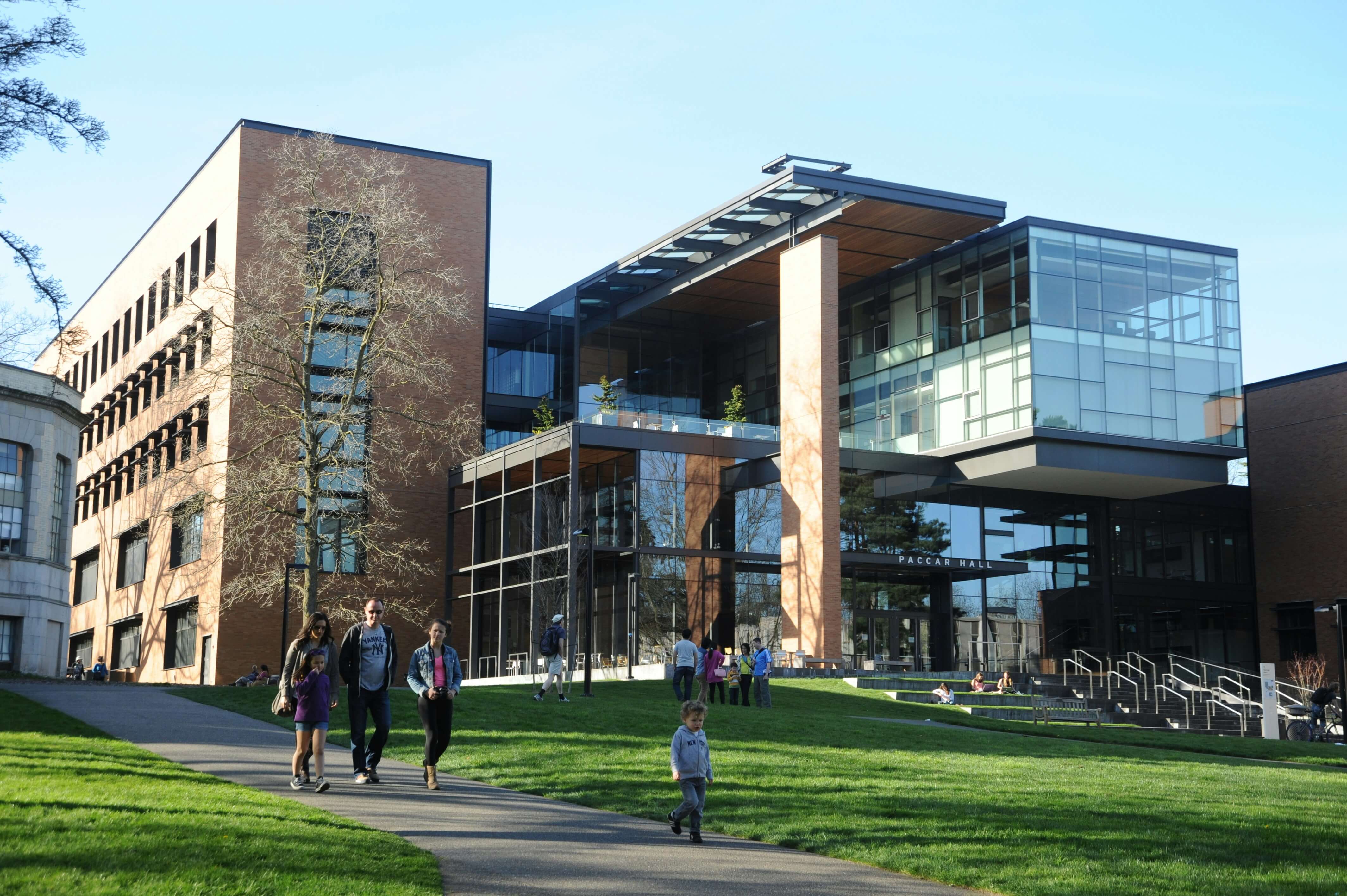 ÉTS campus courtyard with modern architecture and the university logo